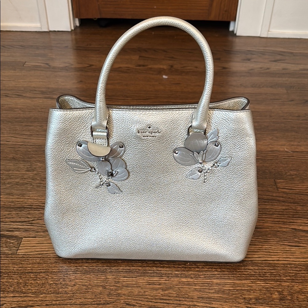 Kate Spade Metallic Silver Satchel with Floral Design
